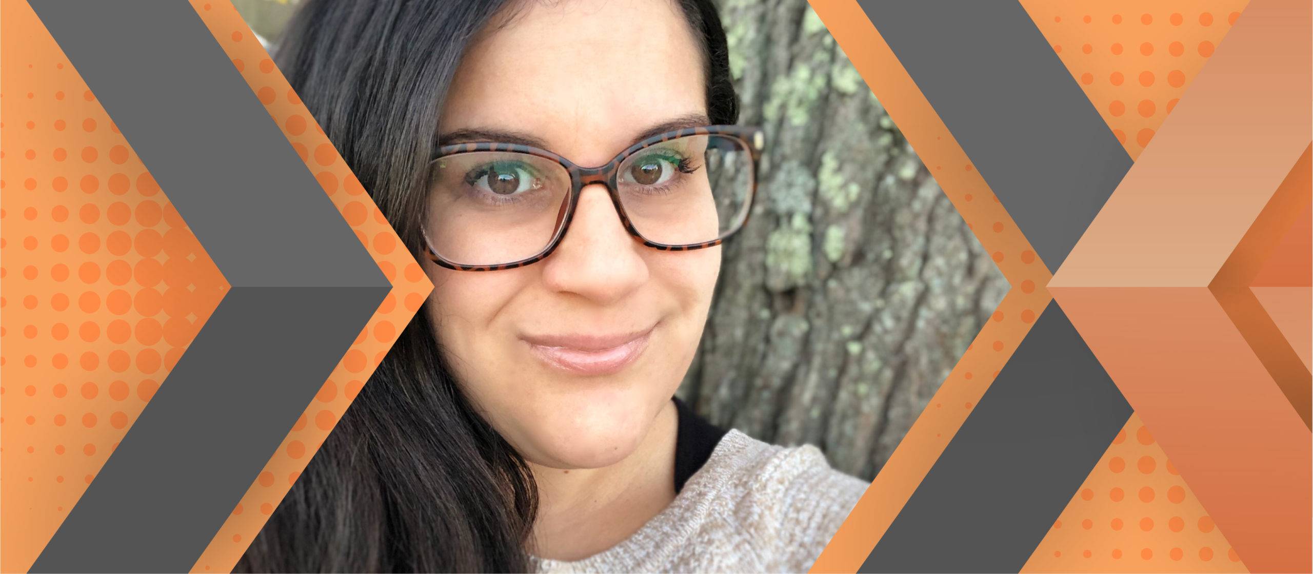 Portrait of Tabitha Cavalieri framed by an orange and gray geometric background.