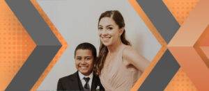 Portrait of Sam Burns and a child framed by an orange and gray geometric background.